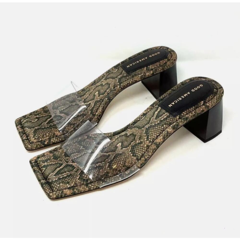 Good American Block Heel Slide Sandal Desert Snake Size 8 GA119K-X